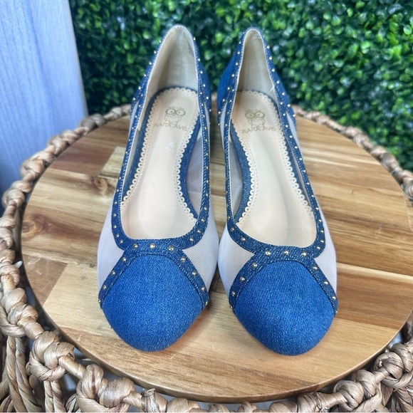 Denim gold studded mesh kitten block heel slip on - Picture 3 of 6